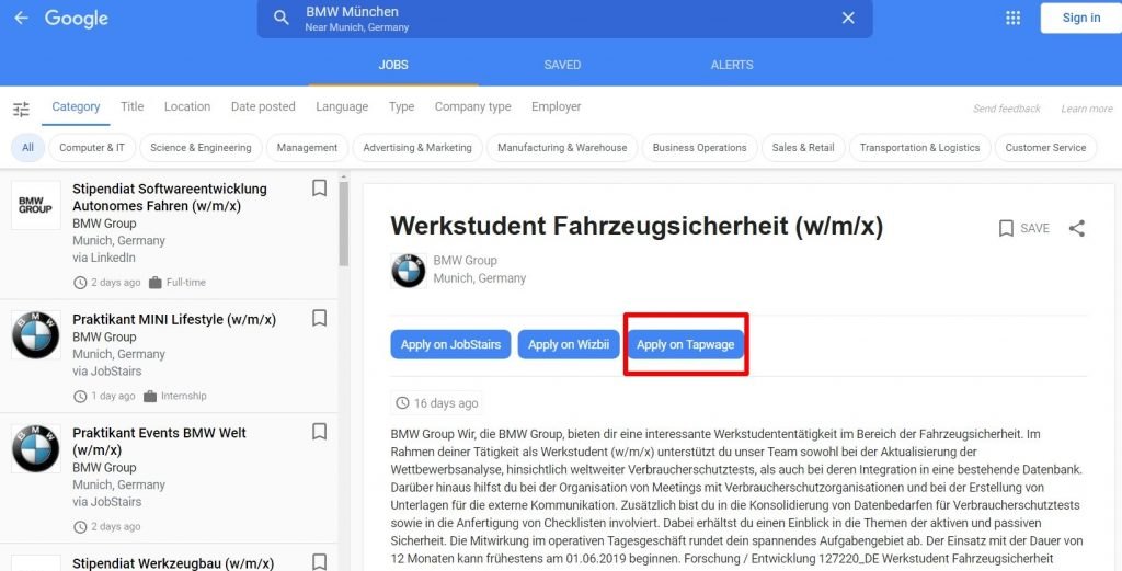 Screenshot Google for Jobs-Suche Werkstudent BMW