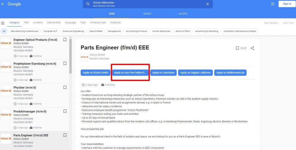 Screenshot Google for Jobs - Parts Engineer