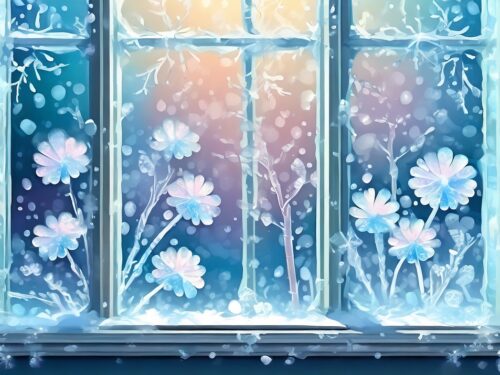 Ein Fenster mit Eisblumen.