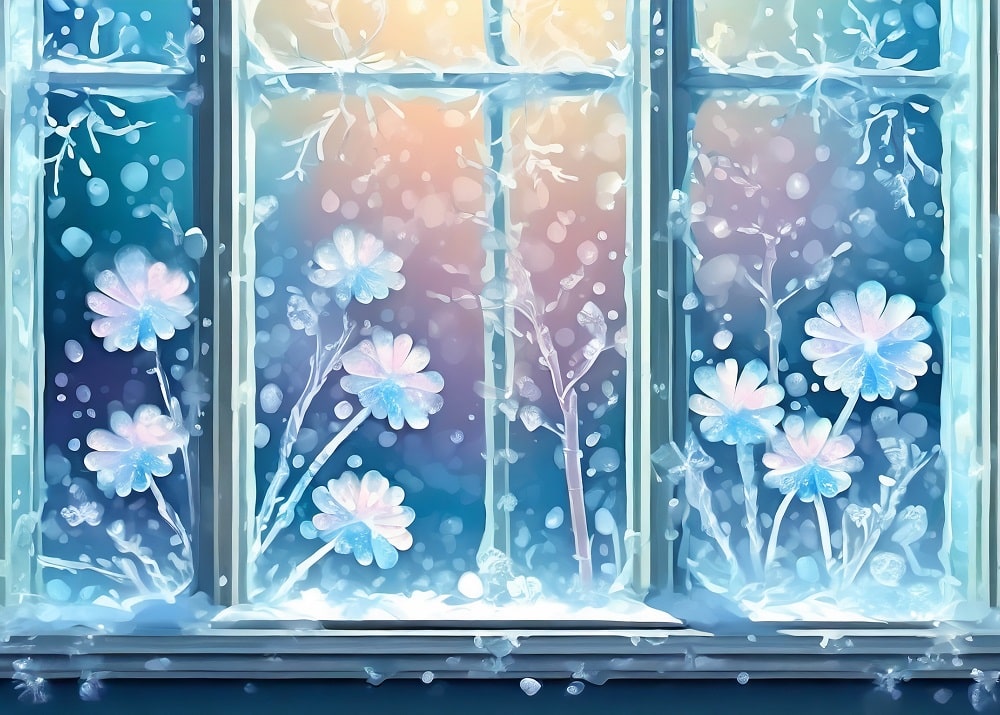 Ein Fenster mit Eisblumen.