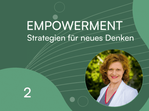 Titel "Empowerment" mit Untertitel "Strategien für neues Denken" und Foto einer Frau auf grünem Hintergrund.