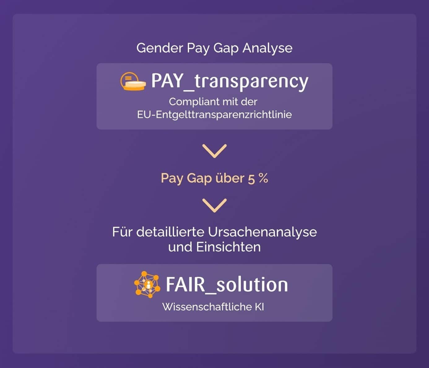 | Human Resources Manager Grafik zur Gender Pay Gap Analyse mit den Begriffen "PAY_transparency" und "FAIR_solution", Pfeile und Informationen zur E...