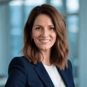 Frau mit schulterlangen, braunen Haaren, lächelt in einem modernen Büro mit großen Fenstern im Hintergrund.