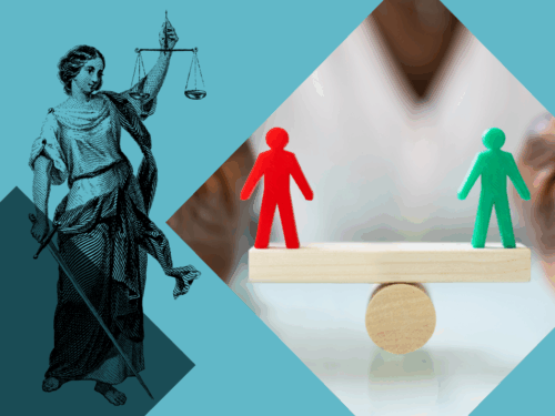 Grafik mit Justitia und einer Wippe, auf der eine rote und eine grüne Figur balancieren.