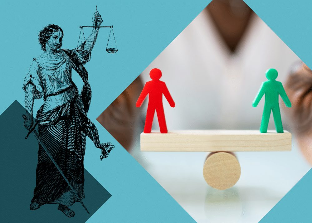 Grafik mit Justitia und einer Wippe, auf der eine rote und eine grüne Figur balancieren.