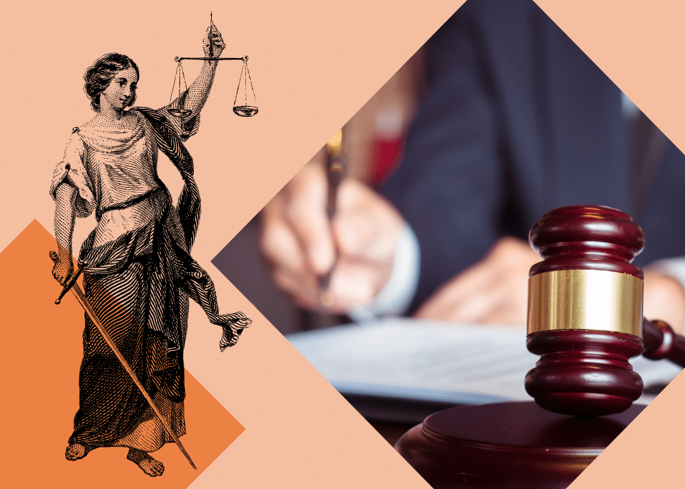 Bild zeigt die Justitia mit Waage und Schwert, neben einem Gerichtshammer und einer Person, die einen Vertrag unterschreibt.