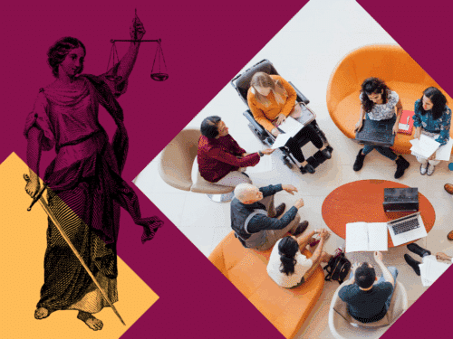 Illustration von Justitia neben einer Gruppe von Menschen in einem Gespräch, darunter eine Person im Rollstuhl.