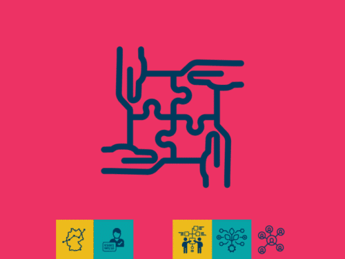 Grafik mit stilisierten Händen, die Puzzlestücke zusammenfügen, auf pinkem Hintergrund. Icons unten zeigen verschiedene...