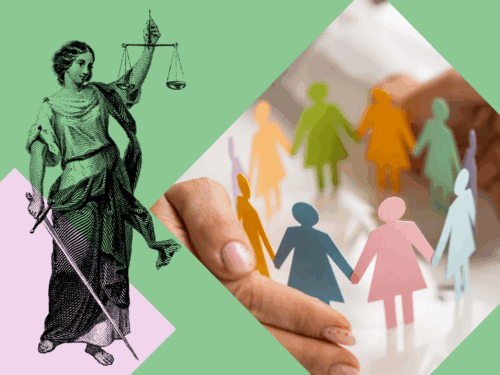 Bild zeigt eine Justitia-Figur und eine Hand, die bunte Papierschnitte von Menschen hält, auf einem grünen Hintergrund.