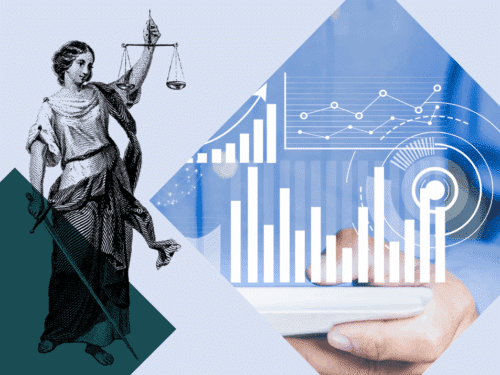 Grafik mit Justitia, Balkendiagrammen und einem Smartphone, symbolisiert rechtliche Themen und Datenanalyse.