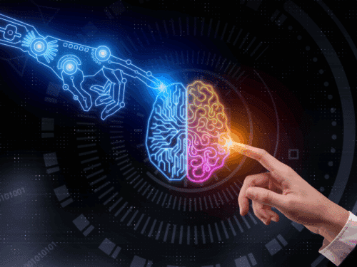Eine menschliche Hand berührt eine digitale Hand, die ein Gehirn in Blau und Pink umschließt, vor einem futuristischen H...