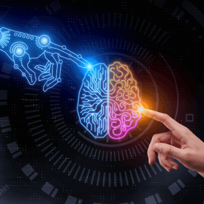 Eine menschliche Hand berührt eine digitale Hand, die ein Gehirn in Blau und Pink umschließt, vor einem futuristischen H...