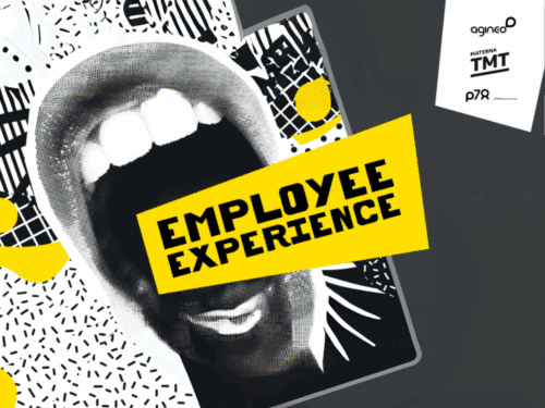 Grafik mit einem schreienden Mund und dem Text "EMPLOYEE EXPERIENCE" auf gelbem Hintergrund, umgeben von grafischen Elemen...