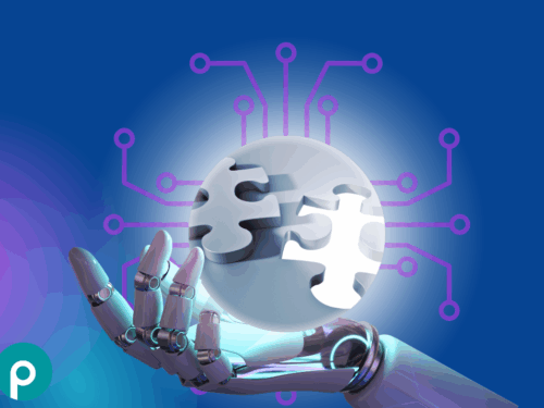 Roboterhand hält eine Kugel mit Puzzlestücken, umgeben von einem blauen Hintergrund und digitalen Schaltkreisen.