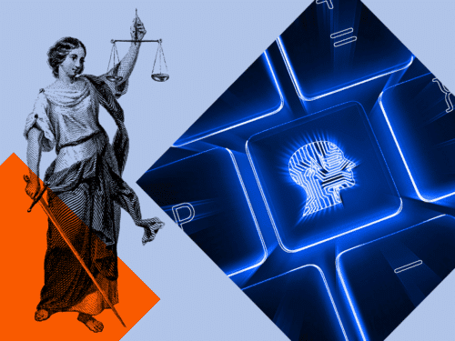 Grafik mit Justitia, die eine Waage hält, und einem leuchtenden Kopf-Symbol auf einer Tastatur.