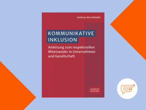 Buchcover mit Titel "Kommunikative Inklusion", orangefarbene Akzente auf blauem Hintergrund, Sprechblase unten rechts.