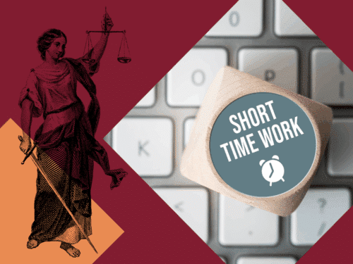 Grafik mit Justitia und einem Würfel, der "SHORT TIME WORK" und eine Uhr zeigt, vor einer Tastatur.
