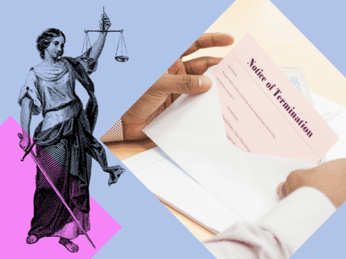 Illustration einer Justitia und eine Hand, die einen Kündigungsbrief aus einem Umschlag hält.