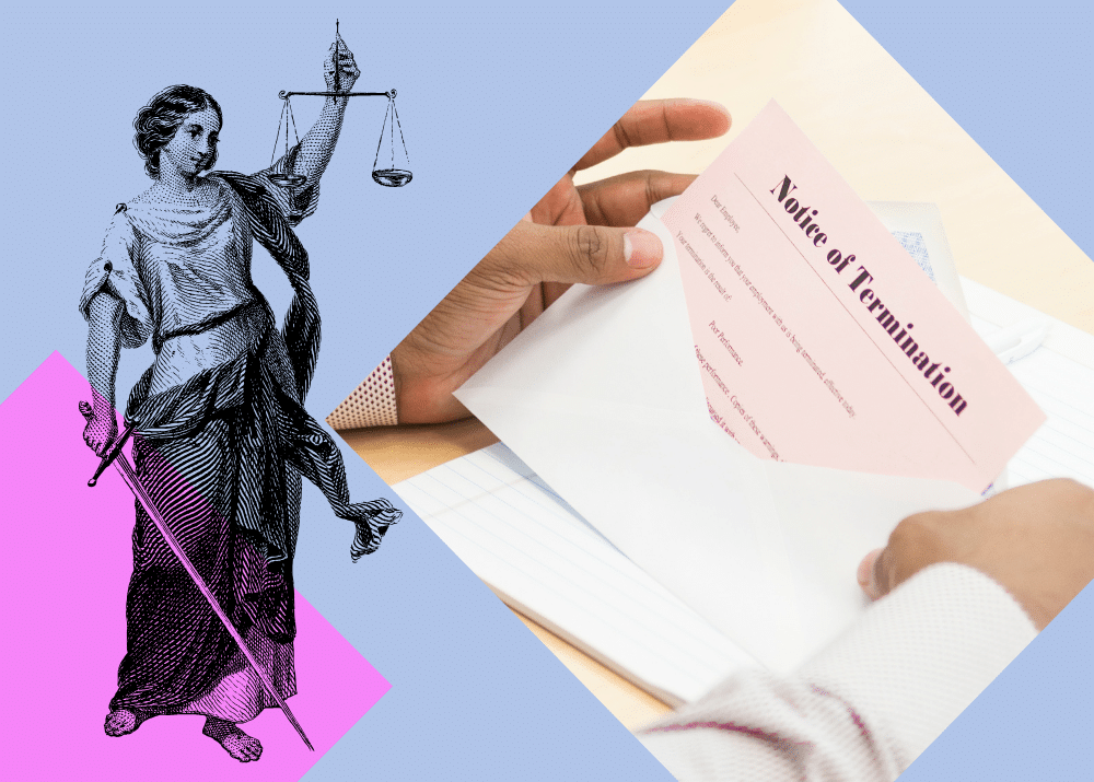 Illustration einer Justitia und eine Hand, die einen Kündigungsbrief aus einem Umschlag hält.