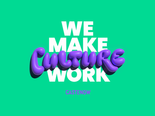 Text auf grünem Hintergrund: "WE MAKE CULTURE WORK" in großer, weißer Schrift, "CULTURE" in lila 3D-Schrift.