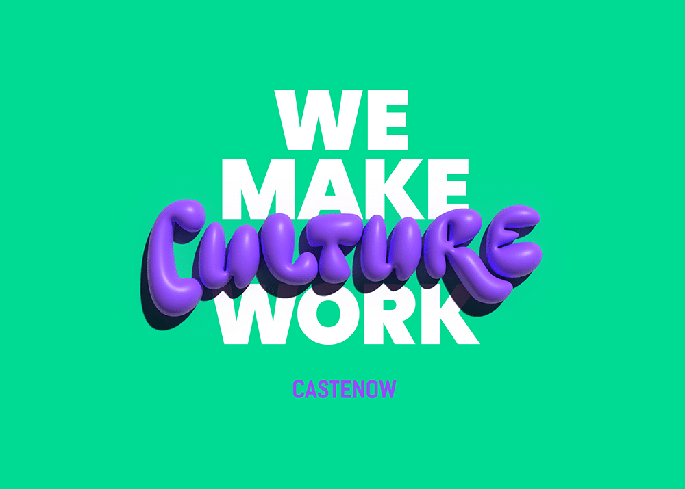Text auf grünem Hintergrund: "WE MAKE CULTURE WORK" in großer, weißer Schrift, "CULTURE" in lila 3D-Schrift.