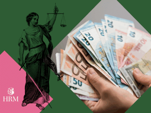 Grafik mit Justitia und Händen, die Geldscheine halten, vor grünem Hintergrund.