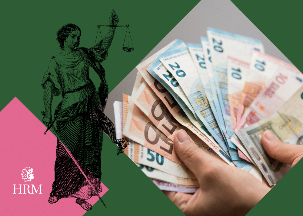 Grafik mit Justitia und Händen, die Geldscheine halten, vor grünem Hintergrund.