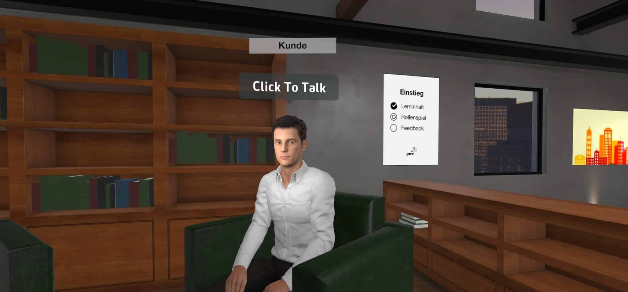 | Human Resources Manager Virtueller Raum mit einem männlichen Avatar in einem weißen Hemd, umgeben von Bücherregalen und interaktiven Optionen.