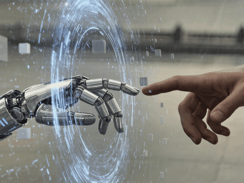 Ein menschlicher Finger berührt einen mechanischen Finger in einer futuristischen Umgebung mit digitalen Effekten.