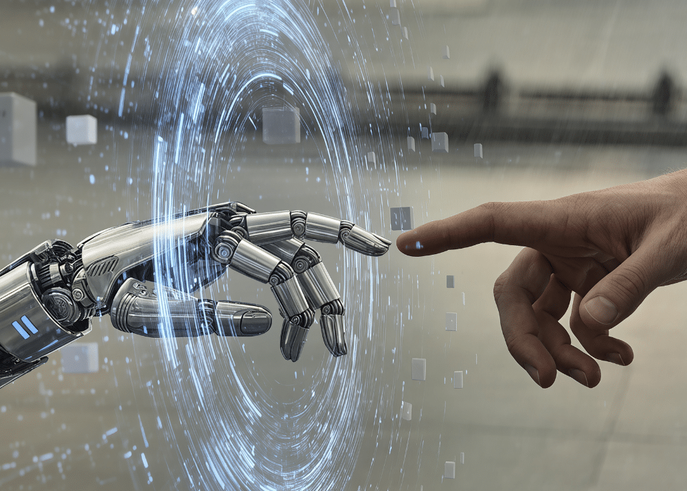 Ein menschlicher Finger berührt einen mechanischen Finger in einer futuristischen Umgebung mit digitalen Effekten.
