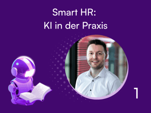 Header mit einem KI-Roboter und einem Mann in einem runden Bild, Titel: "Smart HR: KI in der Praxis".