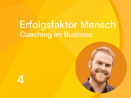 Grafik mit orangefarbenem Hintergrund, Titel "Erfolgsfaktor Mensch", Bild eines lächelnden Mannes, Thema: Coaching im Bus...