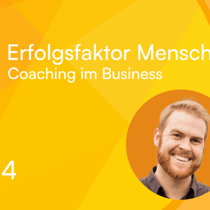 Grafik mit orangefarbenem Hintergrund, Titel "Erfolgsfaktor Mensch", Bild eines lächelnden Mannes, Thema: Coaching im Bus...