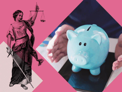 Eine Justitia-Figur mit Waage neben einem blauen Sparschwein auf einem Tablet, vor pinkem Hintergrund.