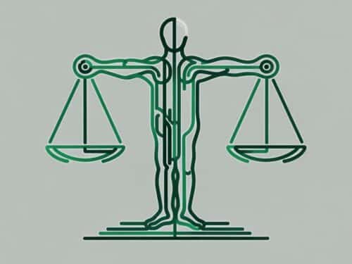Grafik eines stilisierten Menschen, der eine Waage in jeder Hand hält, symbolisiert Gerechtigkeit und Gleichgewicht.