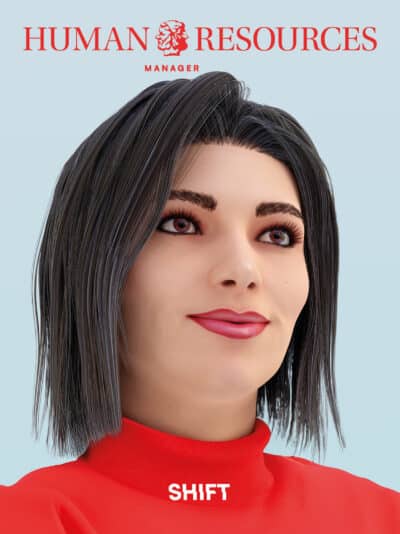 Cover_0625 3D-Illustration einer Frau mit kurzem, schwarzem Haar, rotem Oberteil und neutralem Gesichtsausdruck, Titel „HUMAN RESOU...