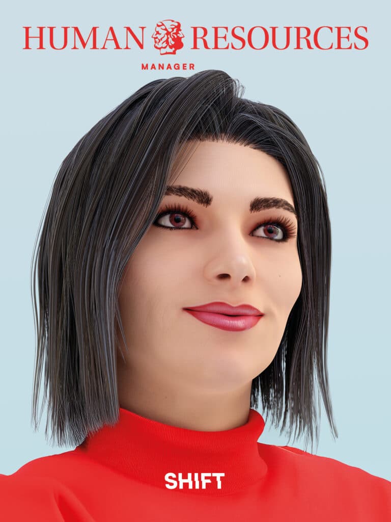 3D-Illustration einer Frau mit kurzem, schwarzem Haar, rotem Oberteil und neutralem Gesichtsausdruck, Titel „HUMAN RESOU...