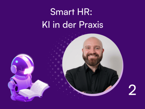 Illustration eines Roboters mit Buch und einer Person in Anzug, Titel: "Smart HR: KI in der Praxis".