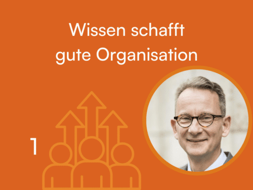 Banner mit orangefarbigem Hintergrund, Text "Wissen schafft gute Organisation", Bild eines Mannes und Symbole für Wachstum.
