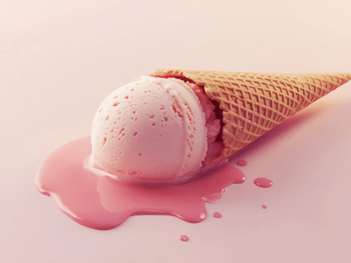 Eiswaffel mit einer Kugel rosa Eis, die auf eine rosa Fläche tropft.