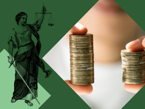 Grafik mit einer Justitia-Figur und zwei Stapeln Münzen, die unterschiedliche Höhen zeigen, auf grünem Hintergrund.