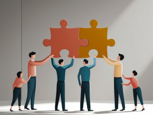 Sechs Personen halten große Puzzlestücke in Orange und Gelb, die zusammengefügt werden, vor einem hellen Hintergrund.