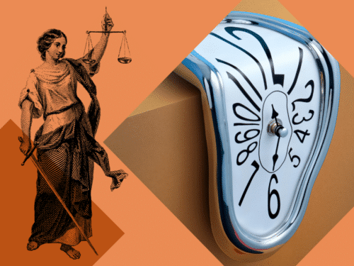 Eine stilisierte Justitia mit Waage und ein schmelzender Uhrzeiger auf orangefarbenem Hintergrund.