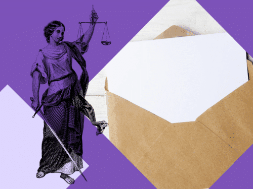 Grafik mit Justitia und einem offenen Briefumschlag auf lila Hintergrund.