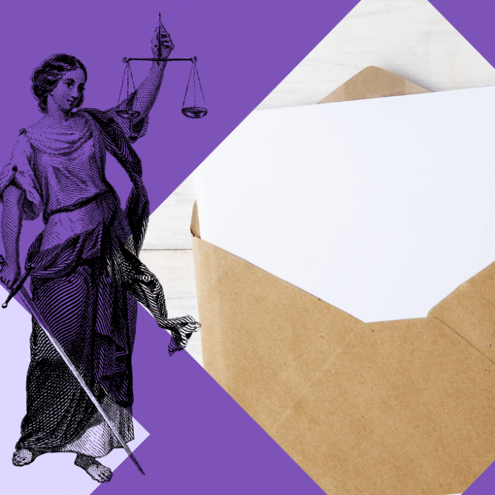Grafik mit Justitia und einem offenen Briefumschlag auf lila Hintergrund.