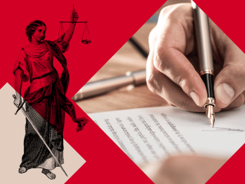 Eine Person schreibt mit einem Füller auf Papier, neben einer stilisierten Darstellung der Justitia mit Waage und Schwert.