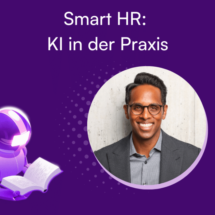 Illustration eines Roboters mit Buch neben einem lächelnden Mann auf lila Hintergrund, Titel: "Smart HR: KI in der Praxis".