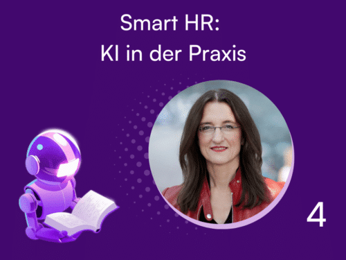 Grafik mit einem Roboter, der ein Buch hält, und einem Porträt einer Frau in roter Jacke auf lila Hintergrund.