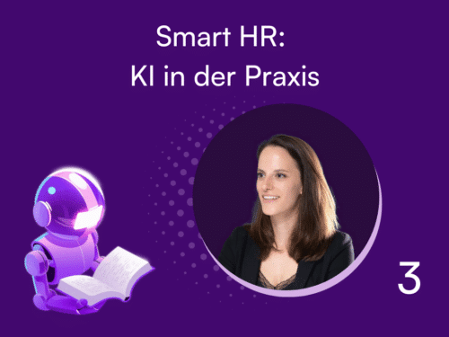 Illustration eines Roboters mit Buch und Porträt einer Frau auf lila Hintergrund, Titel: "Smart HR: KI in der Praxis".