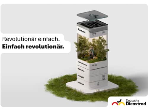 Moderne Informationssäule in einer grünen Umgebung, zeigt Bilder von Radfahrern und Dienstleistungen.